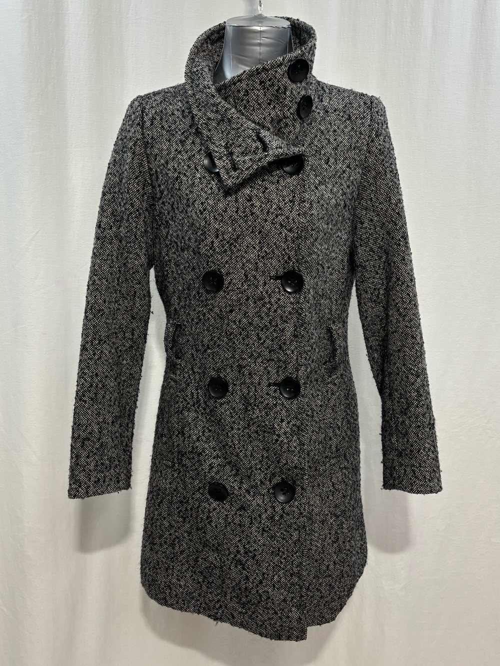 Mexx Women's Black & White Textured Double-Breasted Pea Coat - missing belt